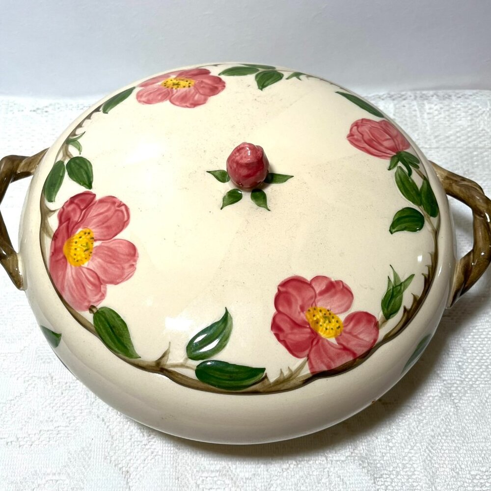 FRANCISCAN Desert Rose Round Covered Vegetable Bowl - Pink Roses, USA Back Stamp